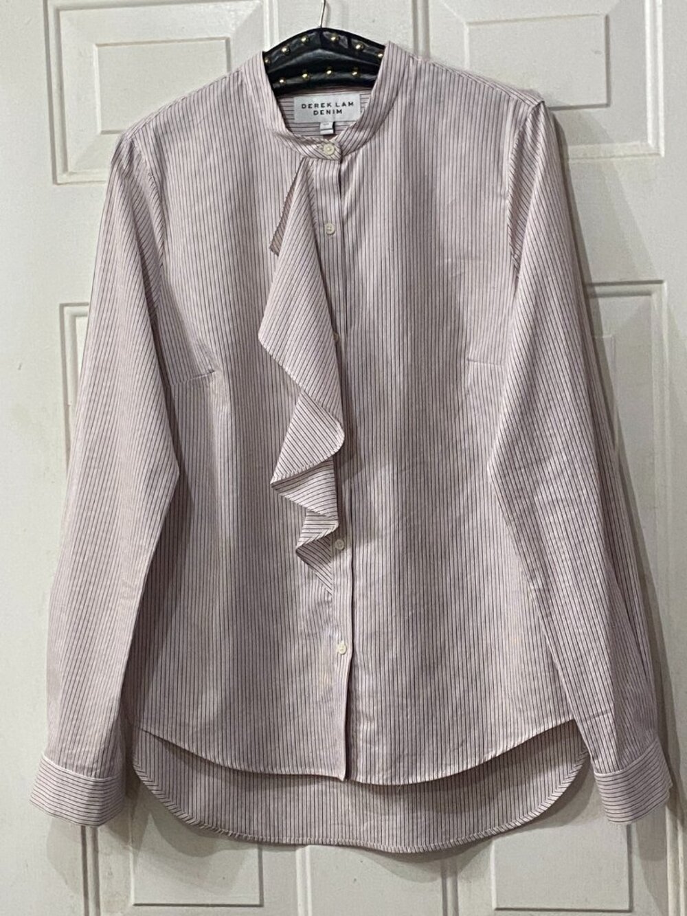 DEREK LAM Denim Sz L Womens Blouse Button Up Ruffle Long Sleeve Striped